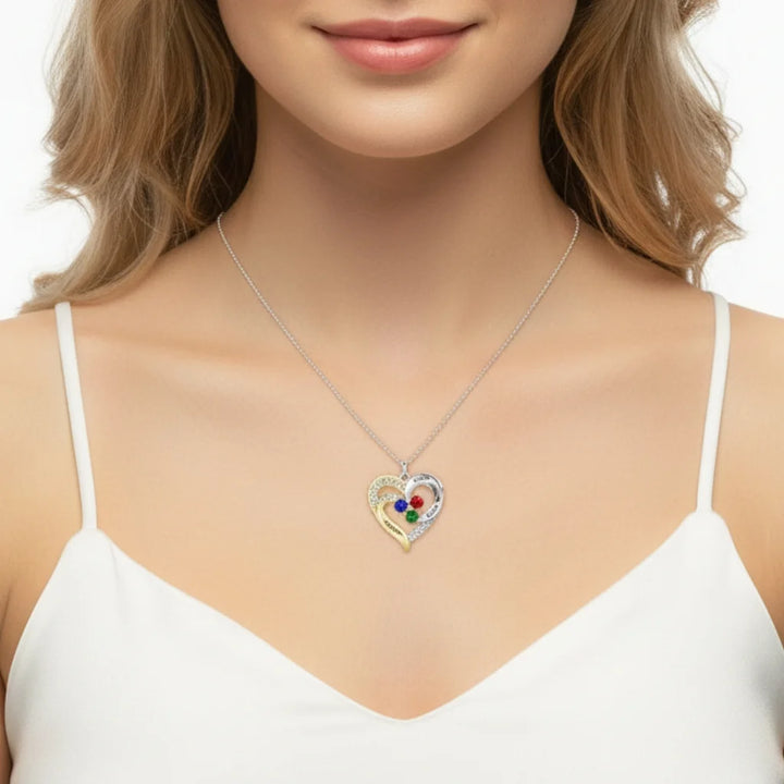 Personalised Two-Tone Heart Pendant: Engraved Names & Family Birthstones, Sterling Silver Gift for Mum