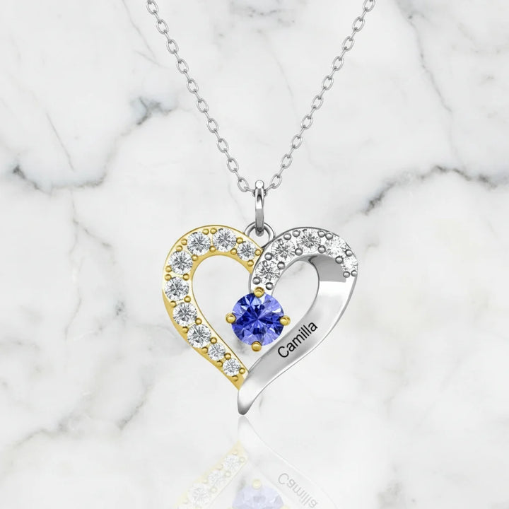 Personalised Two-Tone Heart Pendant: Engraved Names & Family Birthstones, Sterling Silver Gift for Mum