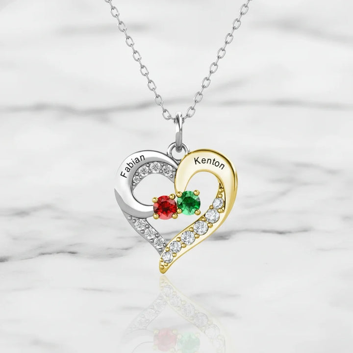 Personalised Two-Tone Heart Pendant: Engraved Names & Family Birthstones, Sterling Silver Gift for Mum
