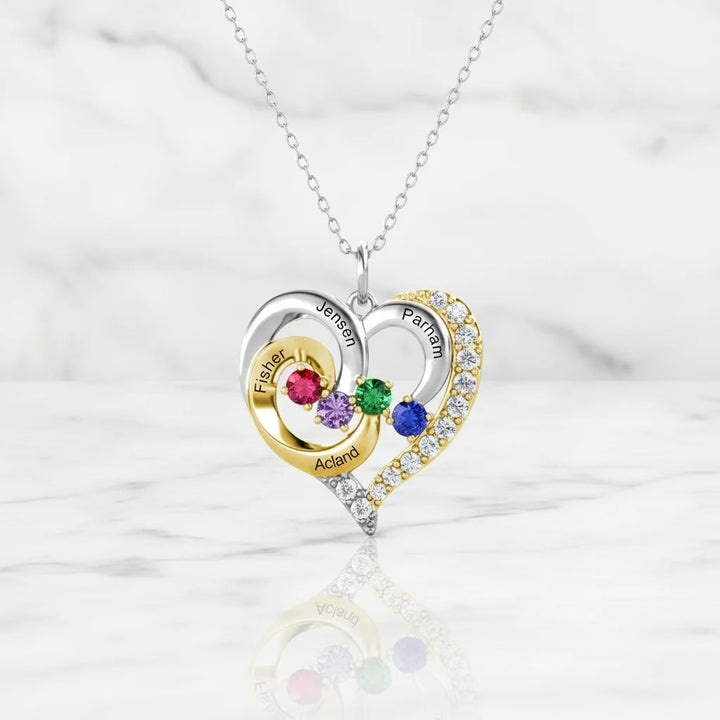 Personalised Two-Tone Heart Pendant: Engraved Names & Family Birthstones, Sterling Silver Gift for Mum