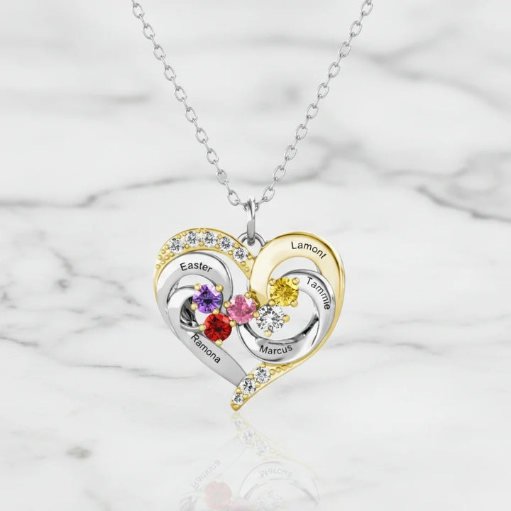 Personalised Two-Tone Heart Pendant: Engraved Names & Family Birthstones, Sterling Silver Gift for Mum