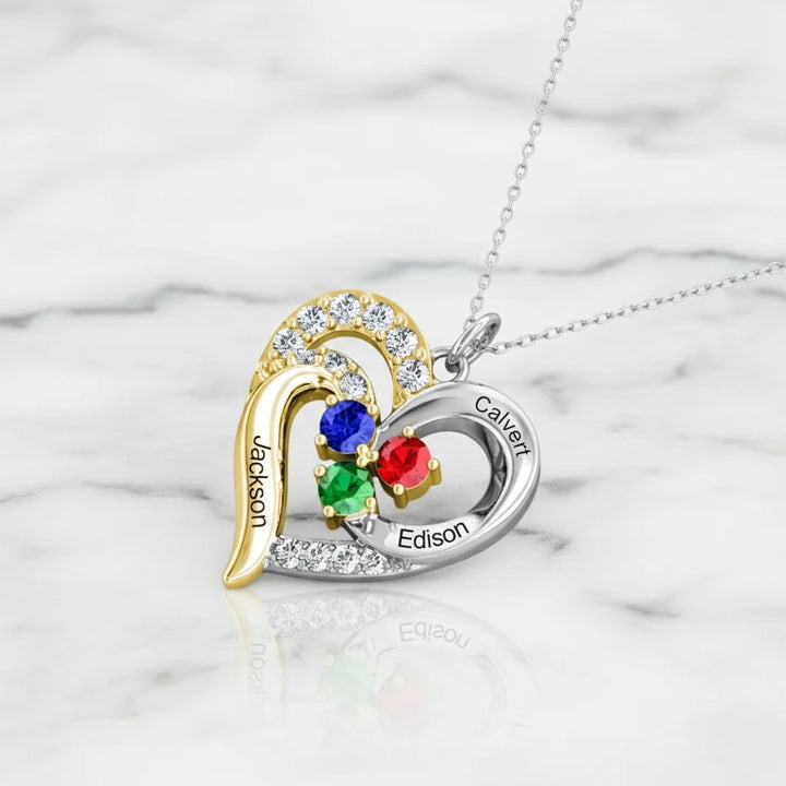 Personalised Two-Tone Heart Pendant: Engraved Names & Family Birthstones, Sterling Silver Gift for Mum