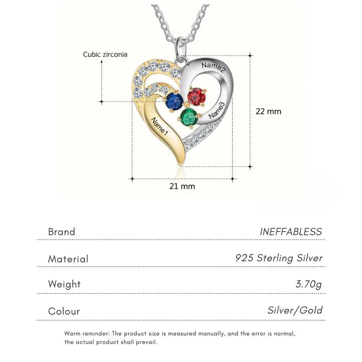 Personalised Two-Tone Heart Pendant: Engraved Names & Family Birthstones, Sterling Silver Gift for Mum