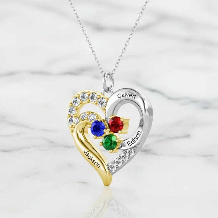 Personalised Two-Tone Heart Pendant: Engraved Names & Family Birthstones, Sterling Silver Gift for Mum