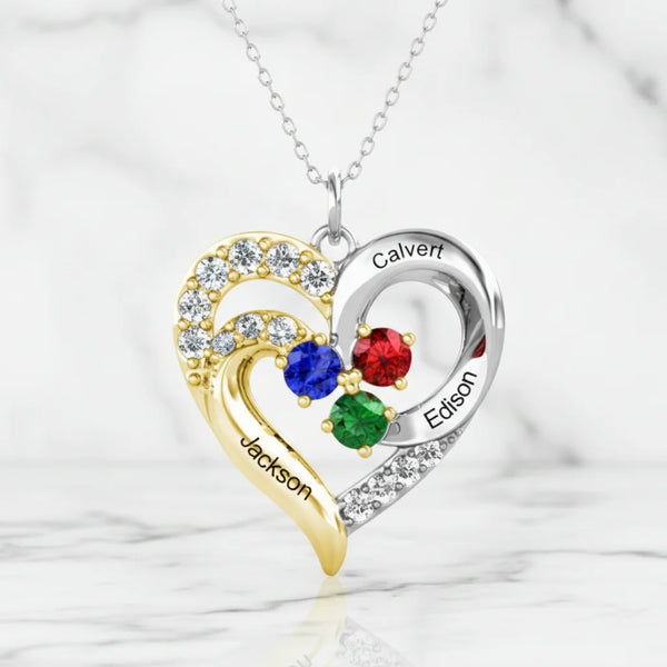 Personalised Two-Tone Heart Pendant: Engraved Names & Family Birthstones, Sterling Silver Gift for Mum