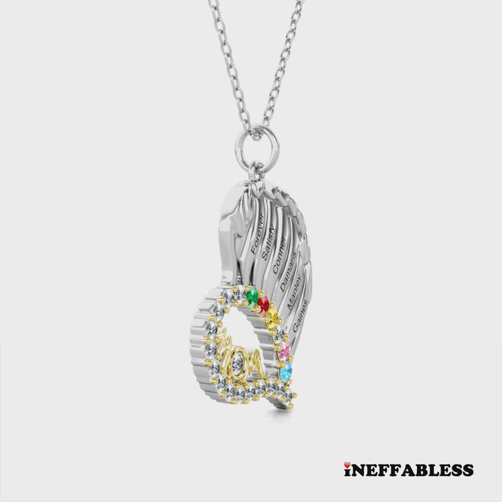 Sterling Silver Winged Heart Mum Necklace – Personalised with Children's Names and Birthstones