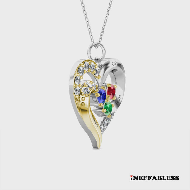 Personalised Two-Tone Heart Pendant: Engraved Names & Family Birthstones, Sterling Silver Gift for Mum