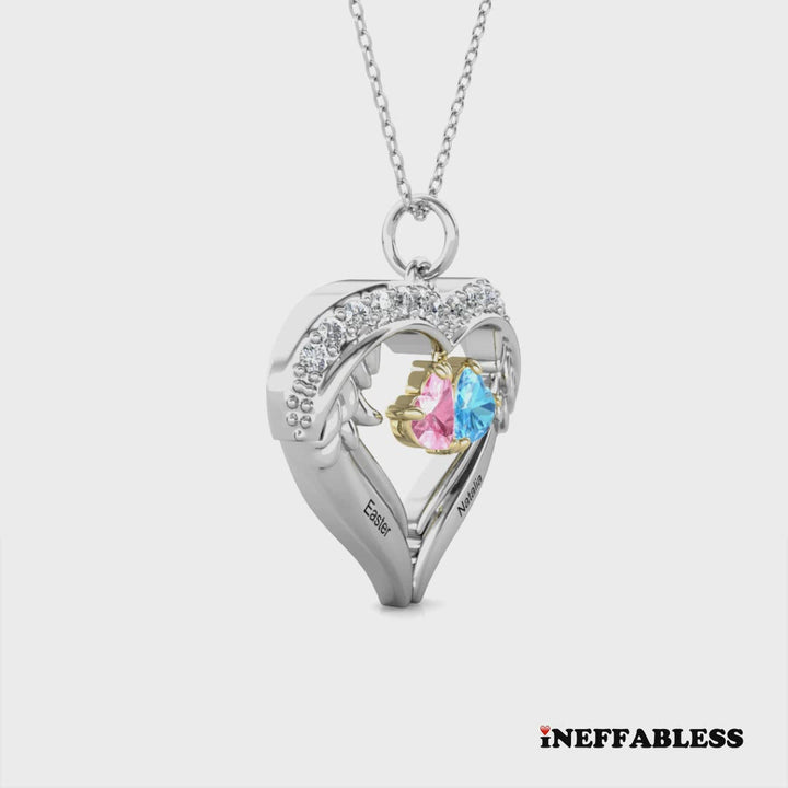 Personalised Sterling Silver Heart Wing Birthstone Necklace – Custom Engraved Names