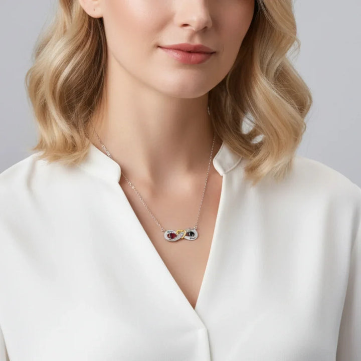 Sterling Silver Personalised Infinity Heart Birthstone Necklace with Engraved Names