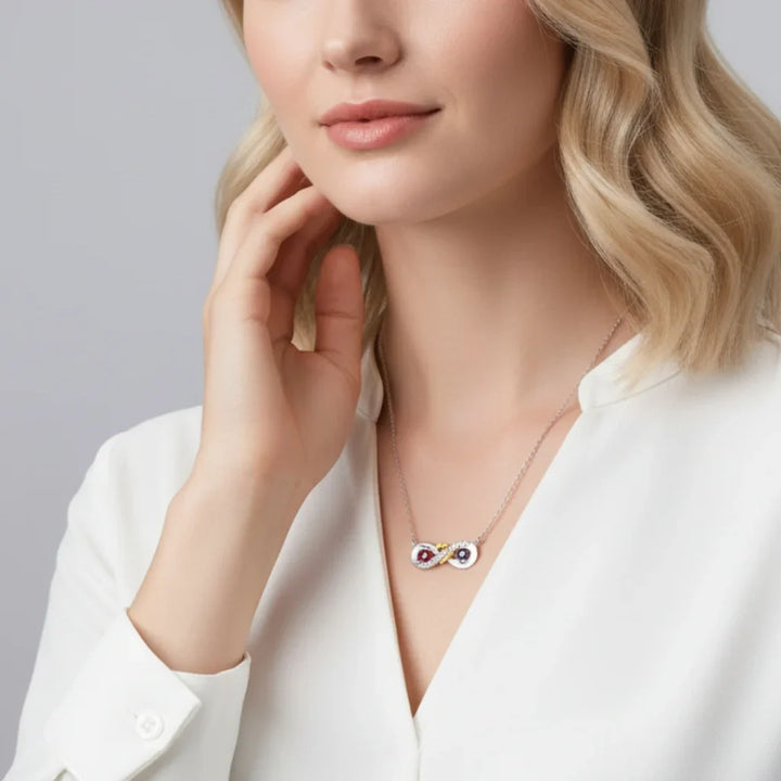 Sterling Silver Personalised Infinity Heart Birthstone Necklace with Engraved Names