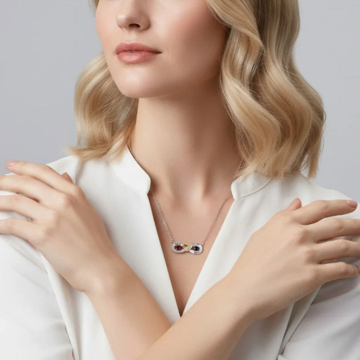 Sterling Silver Personalised Infinity Heart Birthstone Necklace with Engraved Names