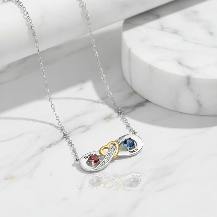 Sterling Silver Personalised Infinity Heart Birthstone Necklace with Engraved Names