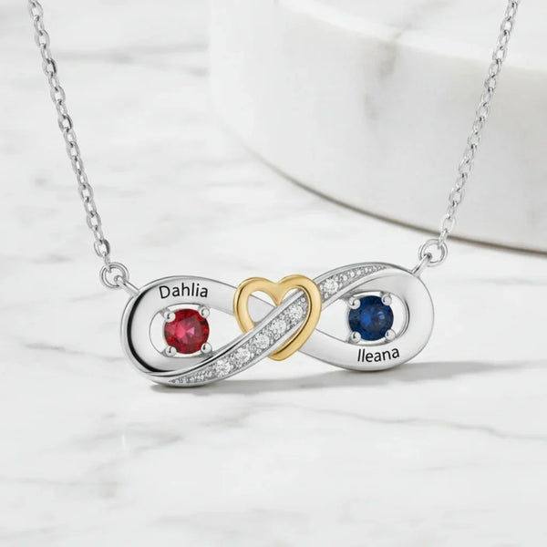 Sterling Silver Personalised Infinity Heart Birthstone Necklace with Engraved Names