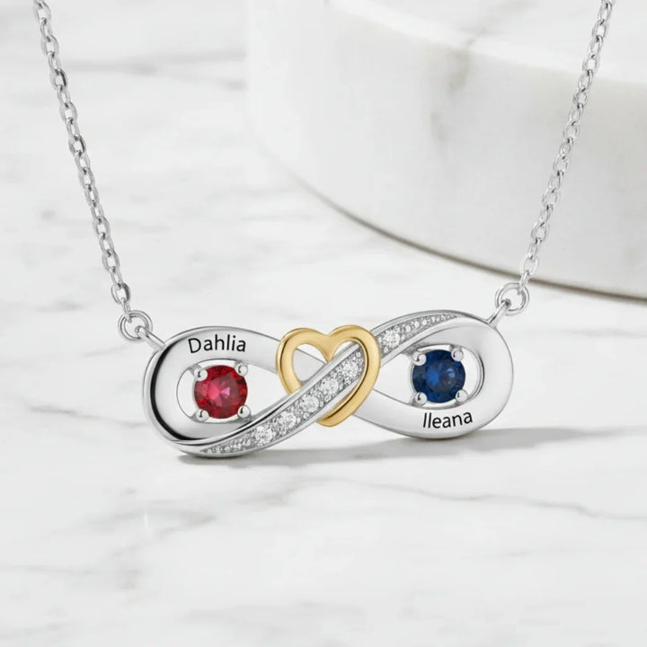 Sterling Silver Personalised Infinity Heart Birthstone Necklace with Engraved Names