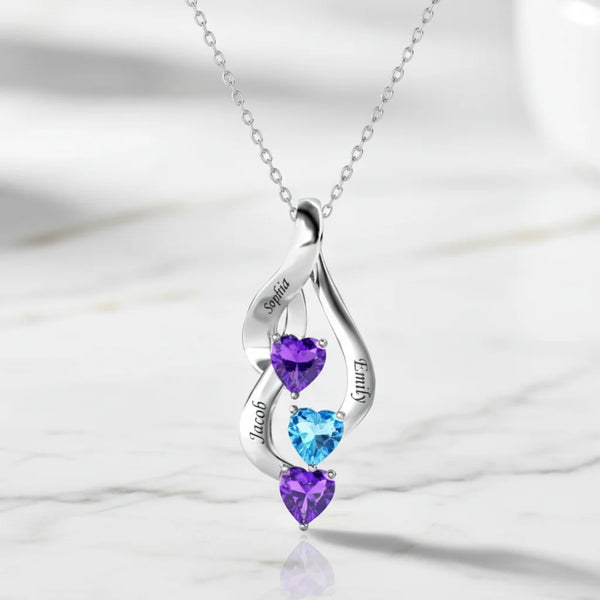 Sterling Silver Personalised Mum Necklace with 3 Engraved Names & Heart Birthstones