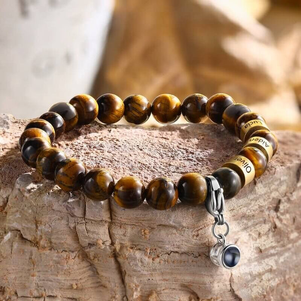 Photo Projection Bracelet with Picture Inside  | Tiger Eye Stone Bracelet with 3 Name Beads