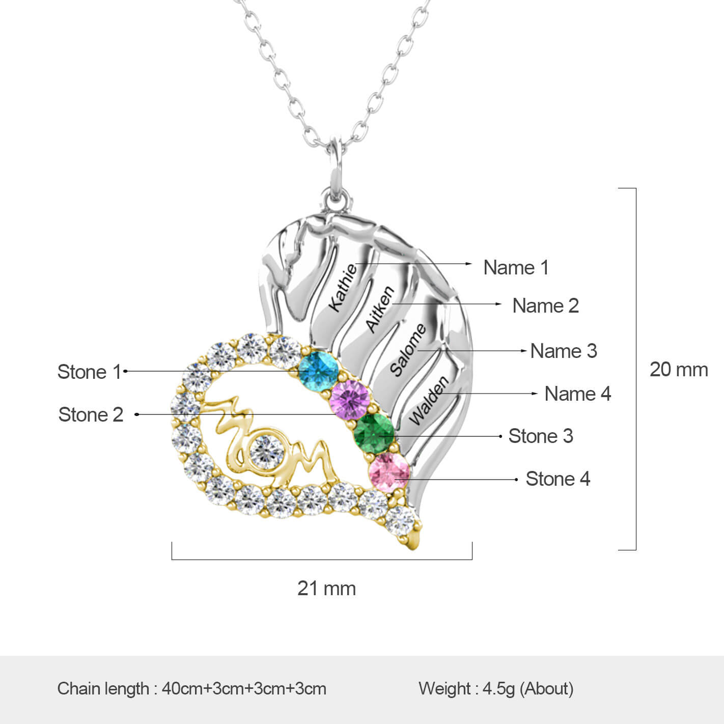 Personalised Engraved Heart Mom 4 Names Necklace with 4 Birthstones