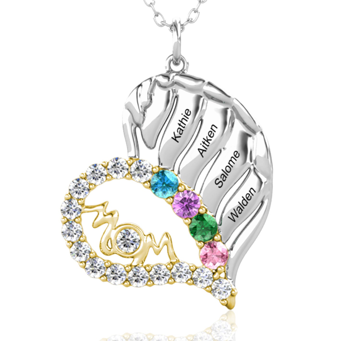 Personalised Engraved Heart Mom 4 Names Necklace with 4 Birthstones
