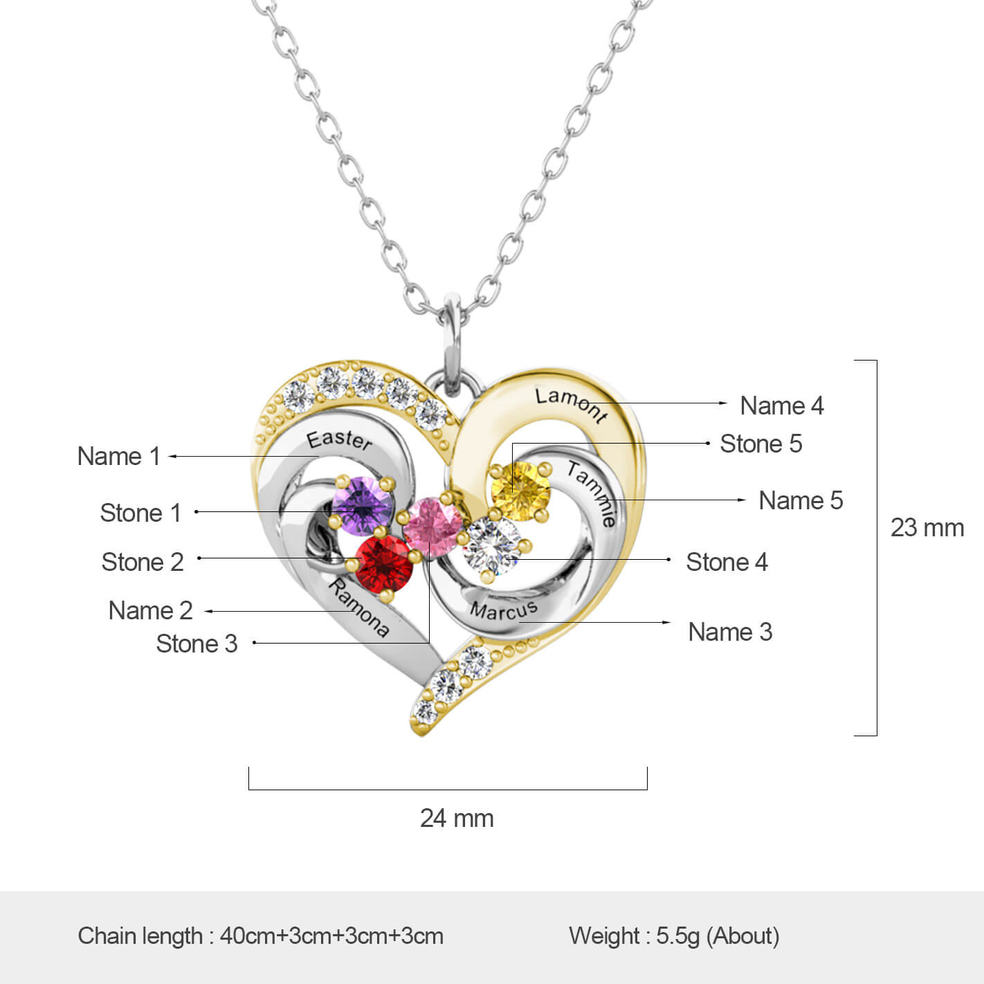 Personalised Heart Pendant Engraved Necklace with 5 Birthstones