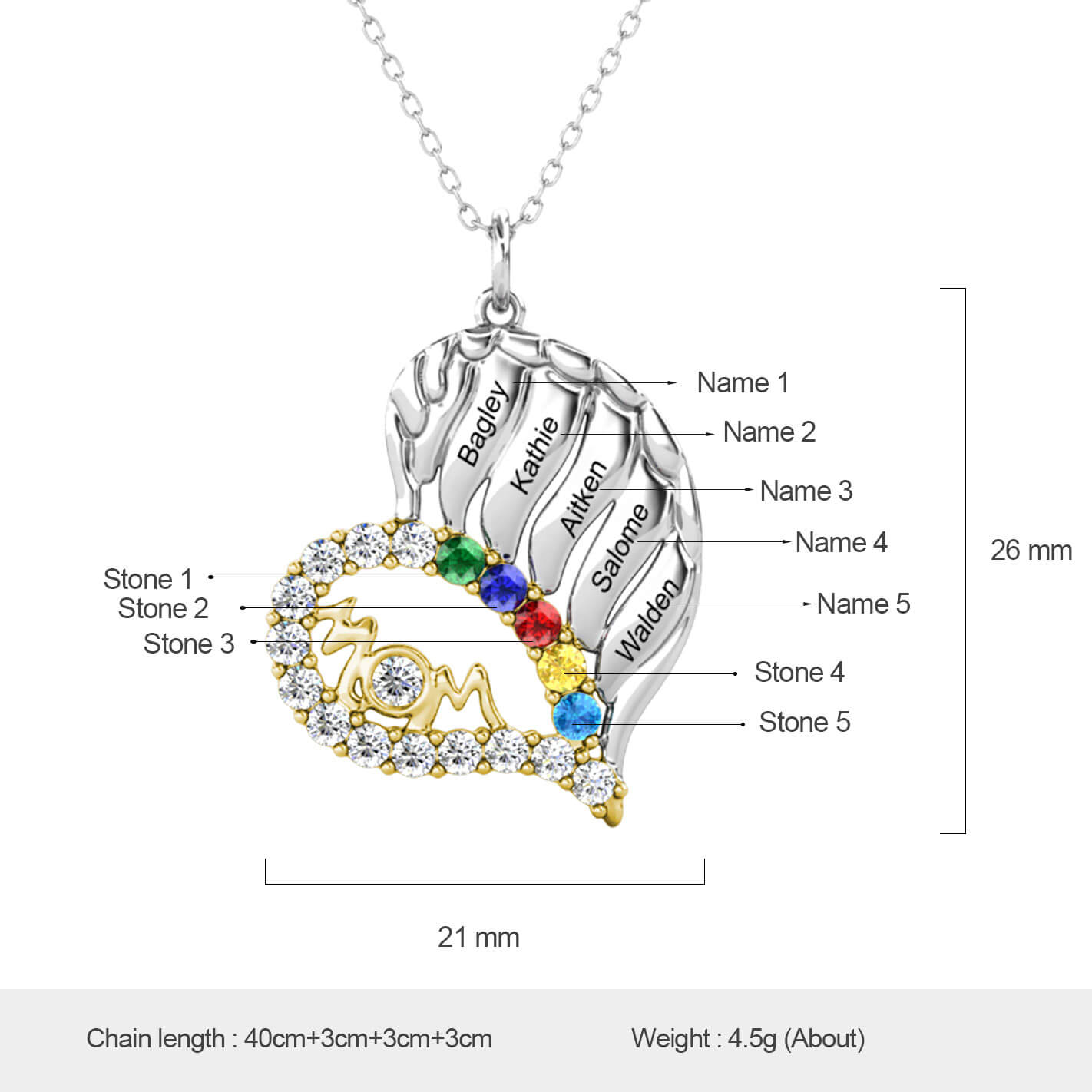 Personalised Engraved Heart Mom 5 Names Necklace with 5 Birthstones