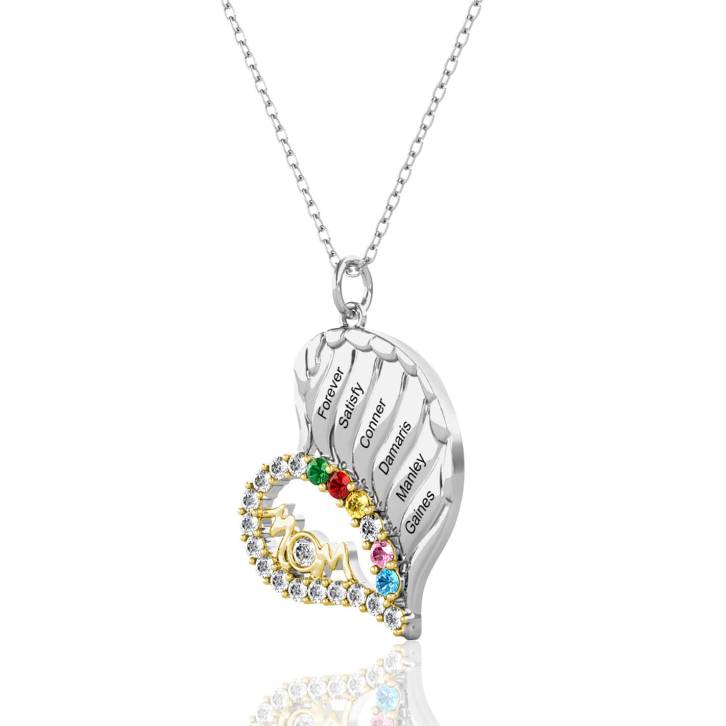 Personalised Engraved Heart Mom 6 Names Necklace with 6 Birthstones