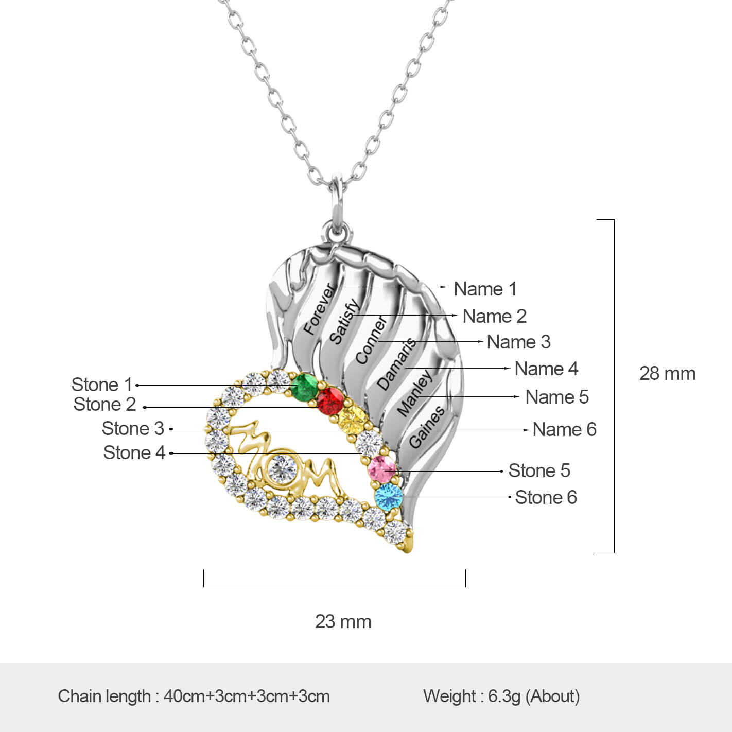 Personalised Engraved Heart Mom 6 Names Necklace with 6 Birthstones