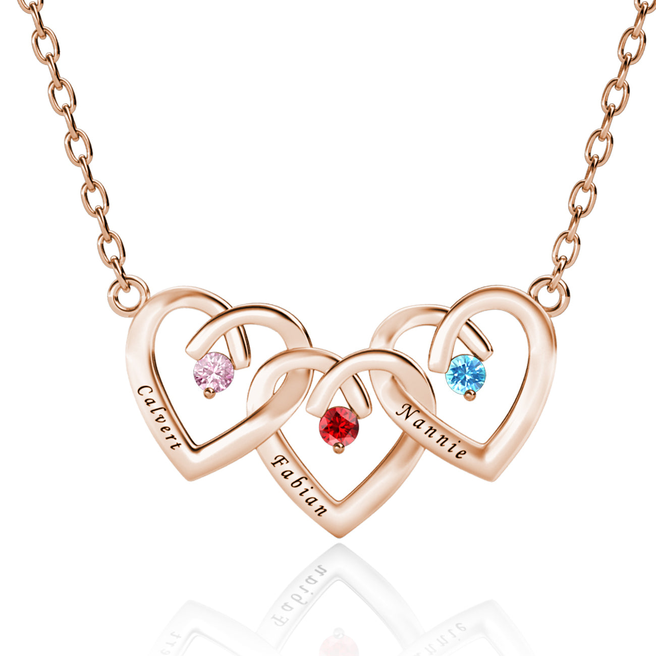 Personalised Engraved 3 Heart Pendant Necklace with 3 Birthstones