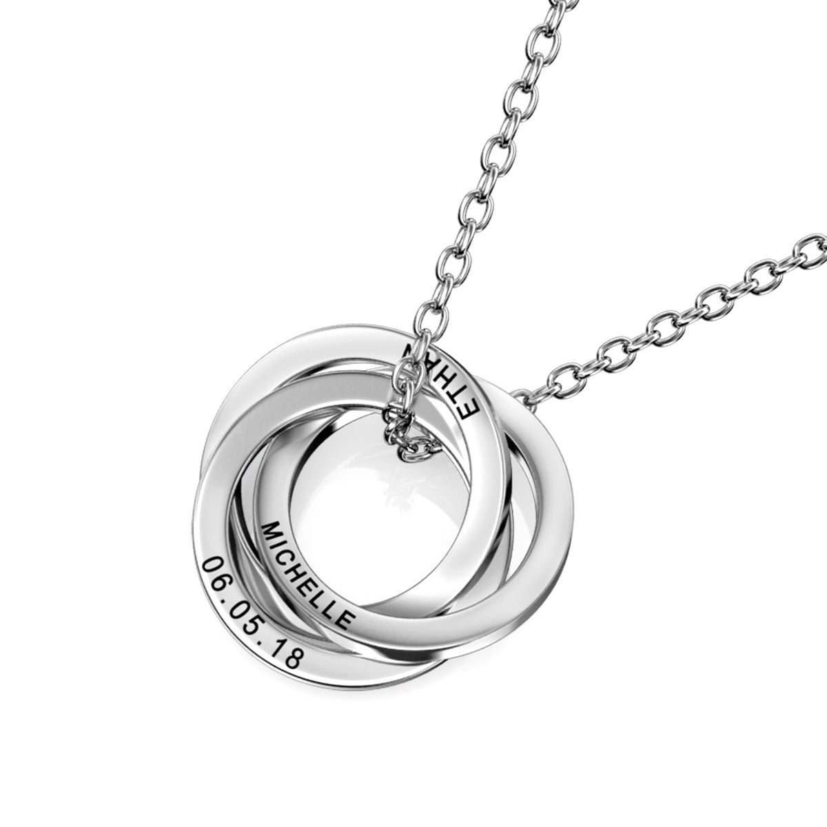 Personalised Russian 3 Rings Engraved Necklace for Grandma & Mum