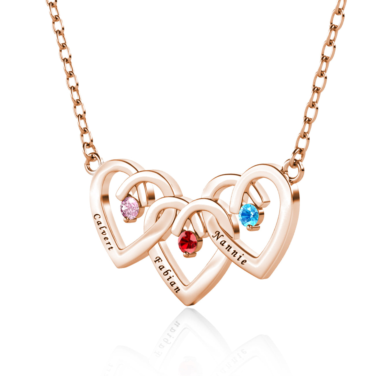 Personalised Engraved 3 Heart Pendant Necklace with 3 Birthstones