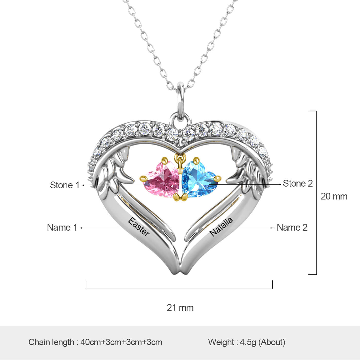 Personalised Engraved Heart Necklace with 2 Heart Birthstones
