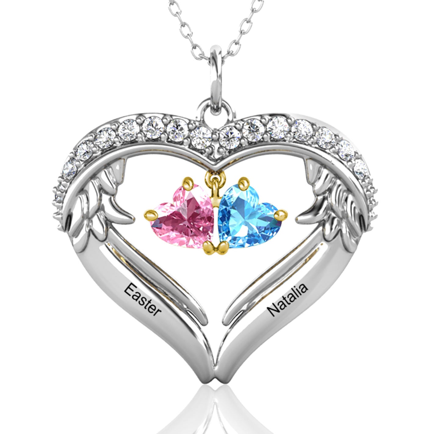 Personalised Engraved Heart Necklace with 2 Heart Birthstones