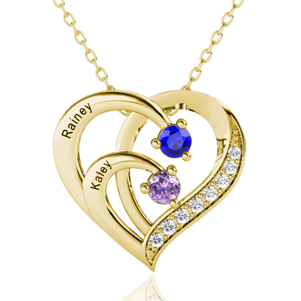 engraved heart necklace with 2 birthstone sterling silver gold personalized gift for her