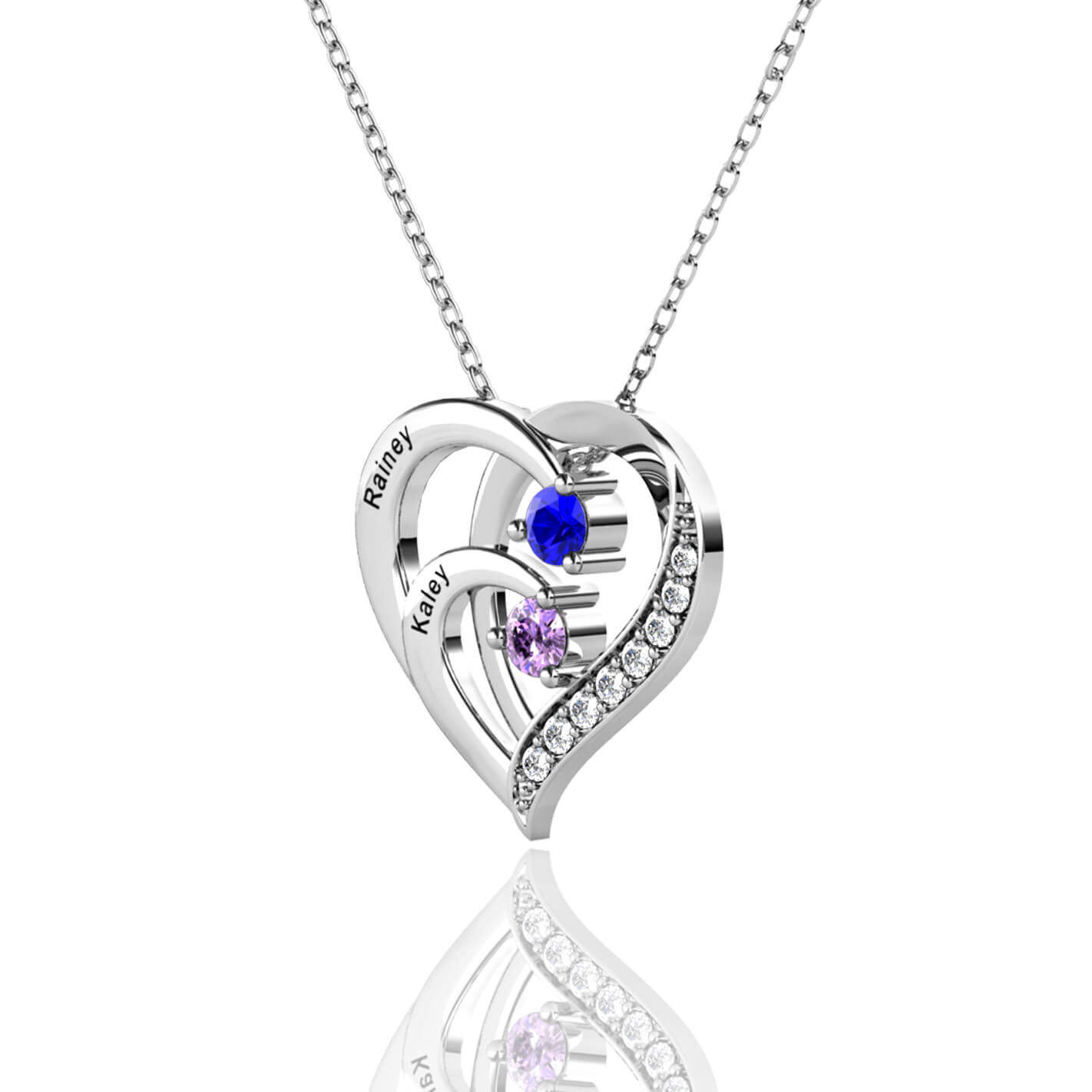 Personalised 2 Birthstones Necklace with 2 Engraved Names