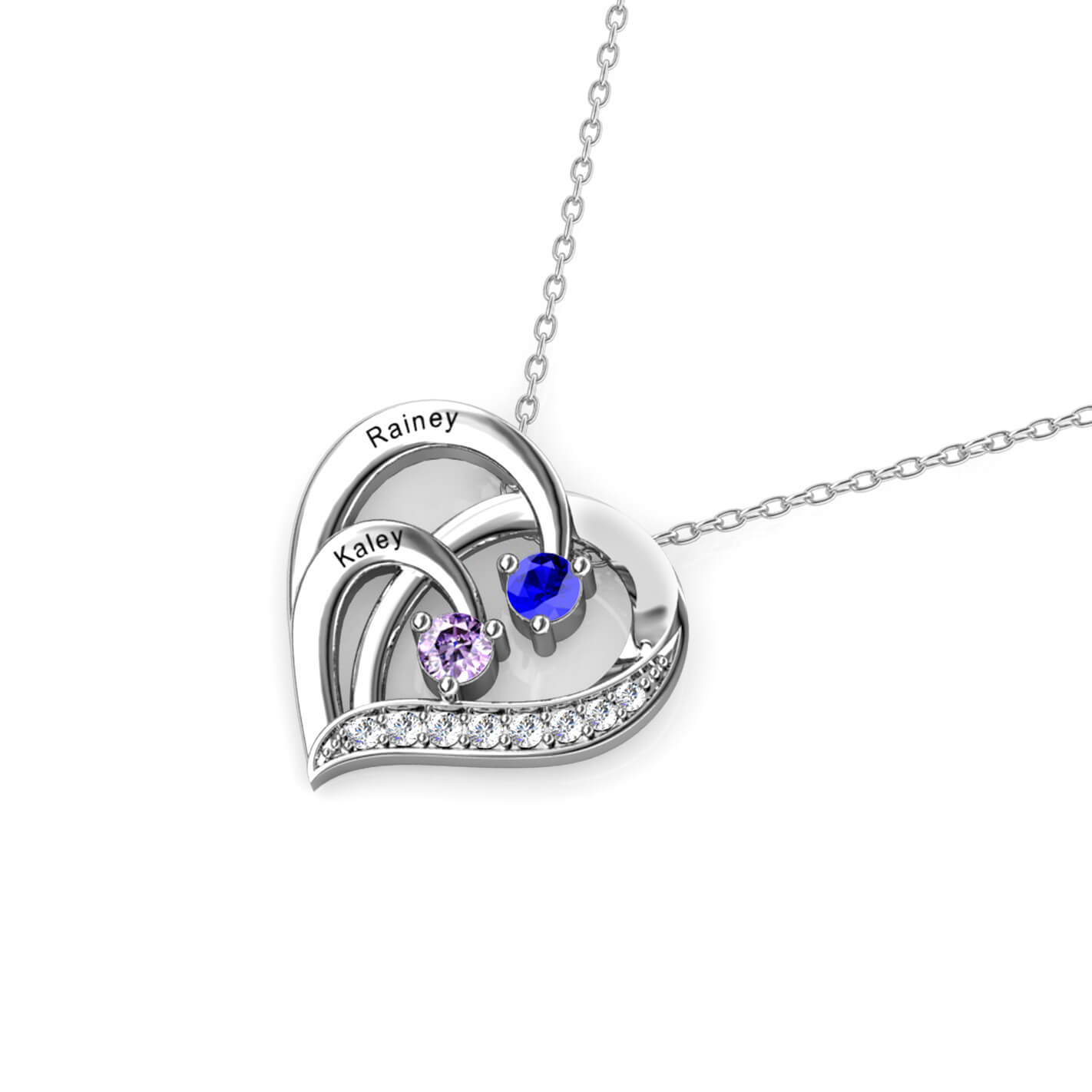 Personalised 2 Birthstones Necklace with 2 Engraved Names