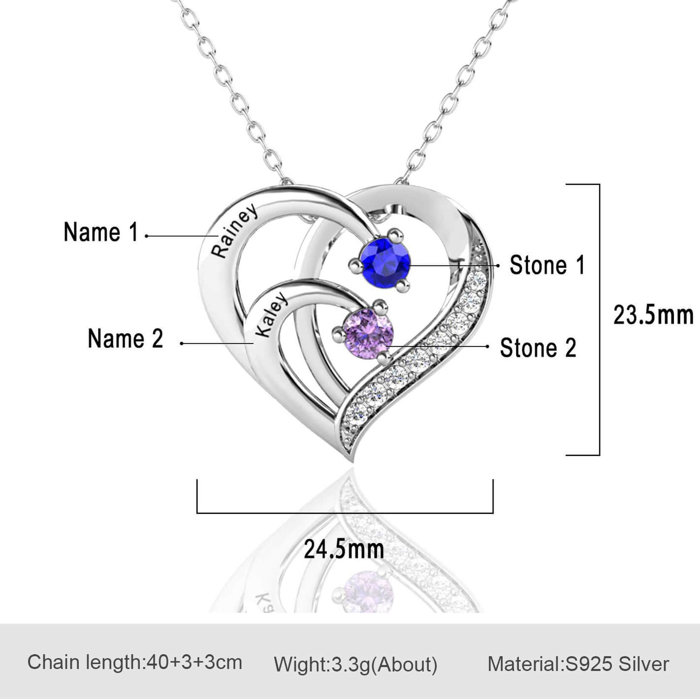 Personalised 2 Birthstones Necklace with 2 Engraved Names