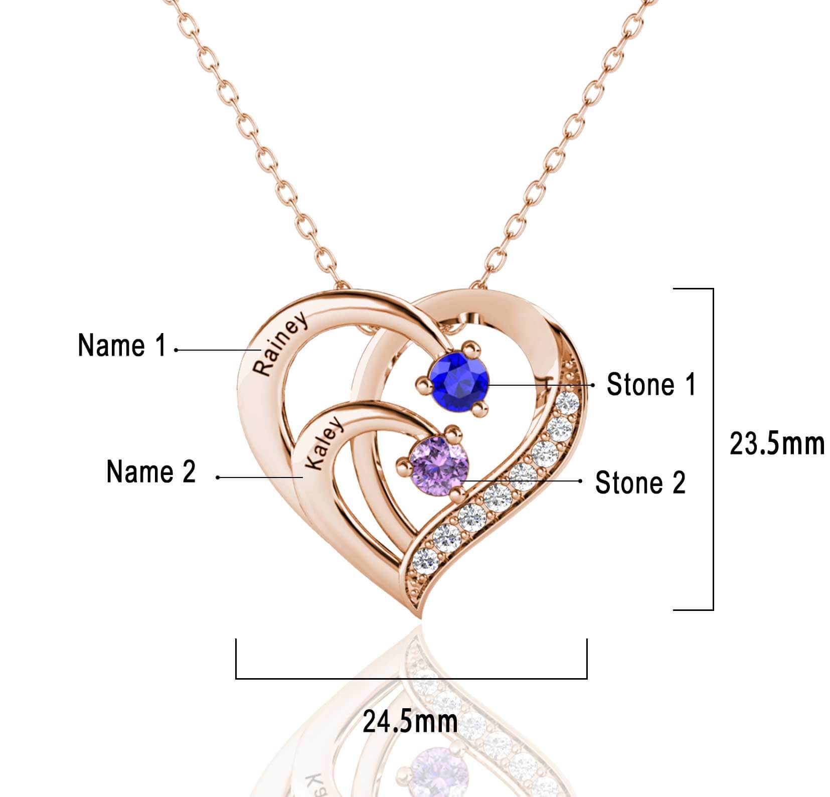 Personalised 2 Birthstones Necklace with 2 Engraved Names