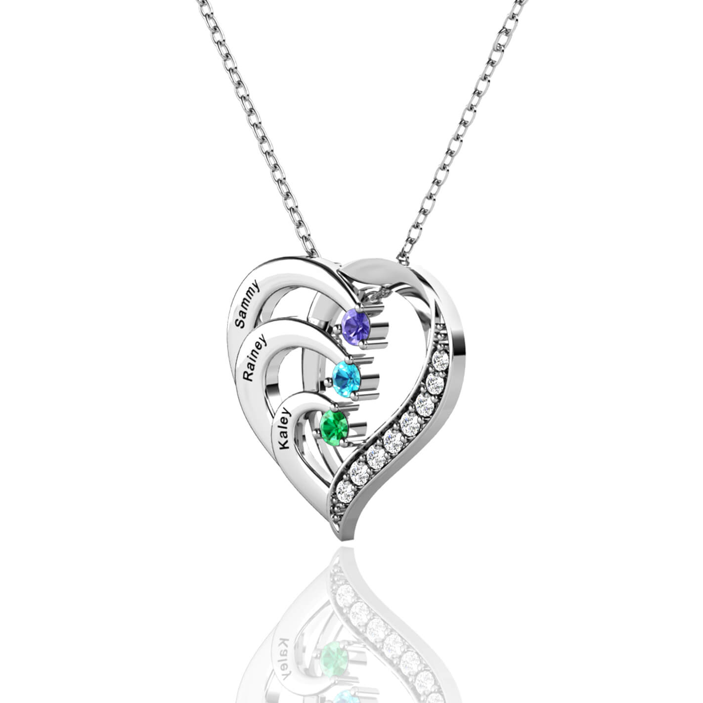 Personalised Heart Family 3 Birthstone Necklace with Children's Names