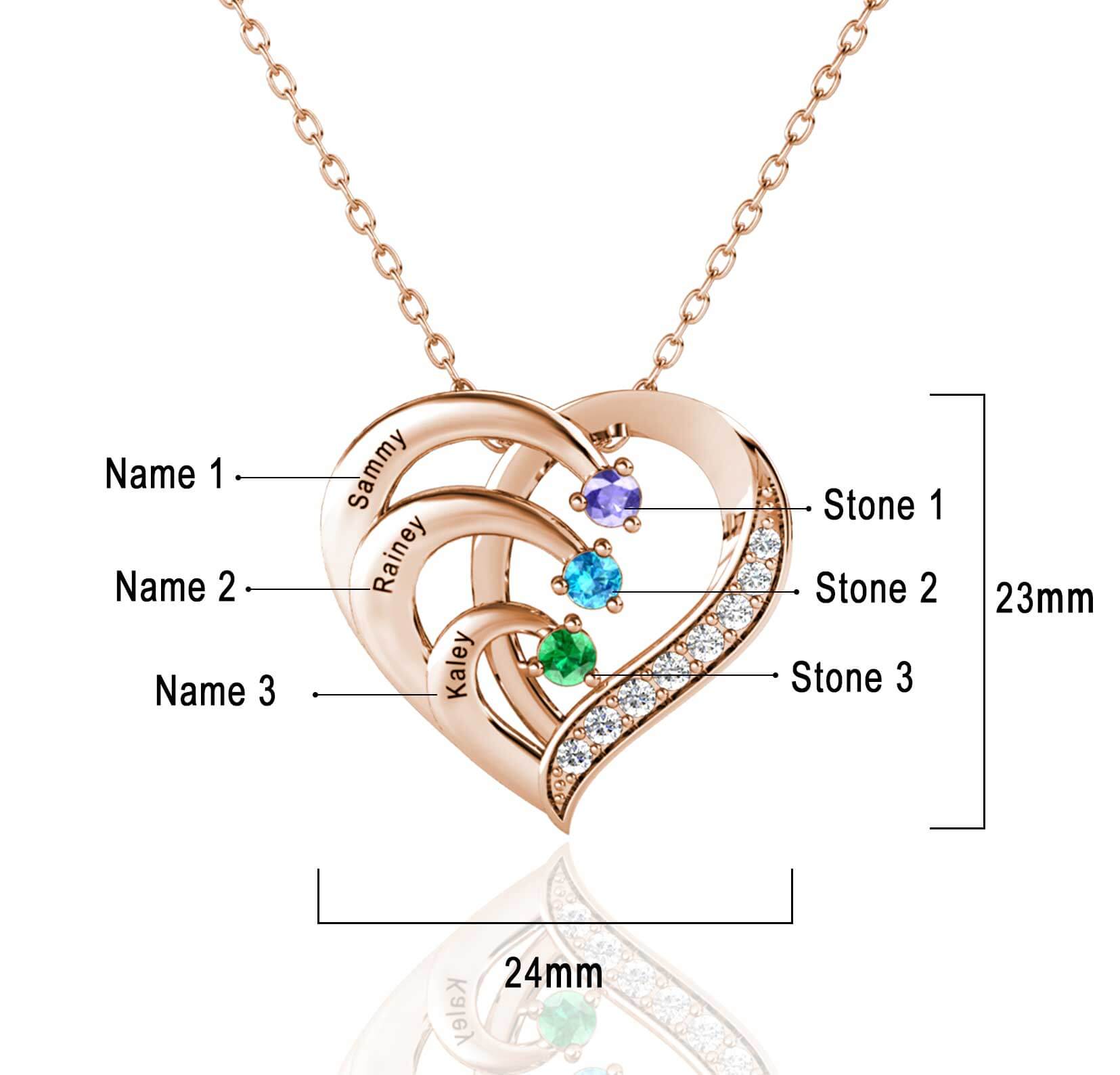 Personalised Heart Family 3 Birthstone Necklace with Children's Names