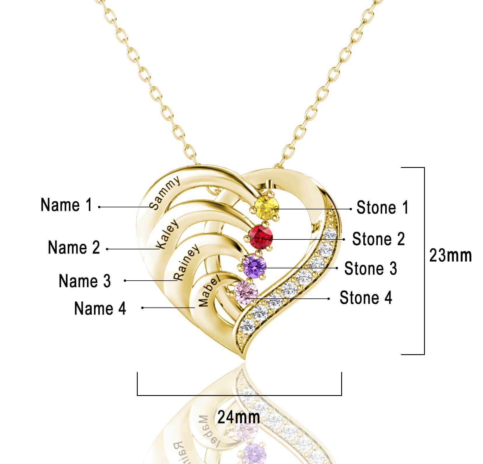 Personalised 4 Birthstones Necklace with 4 Engraved Names