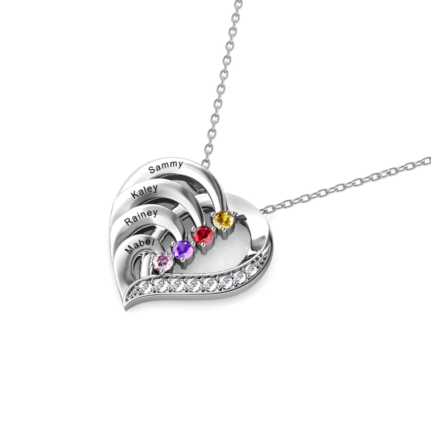 Personalised 4 Birthstones Necklace with 4 Engraved Names