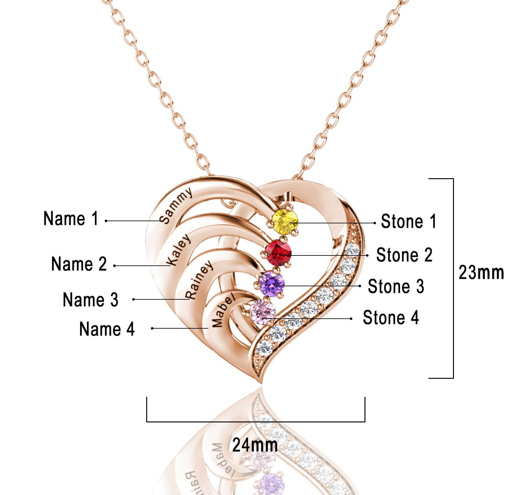 Personalised 4 Birthstones Necklace with 4 Engraved Names