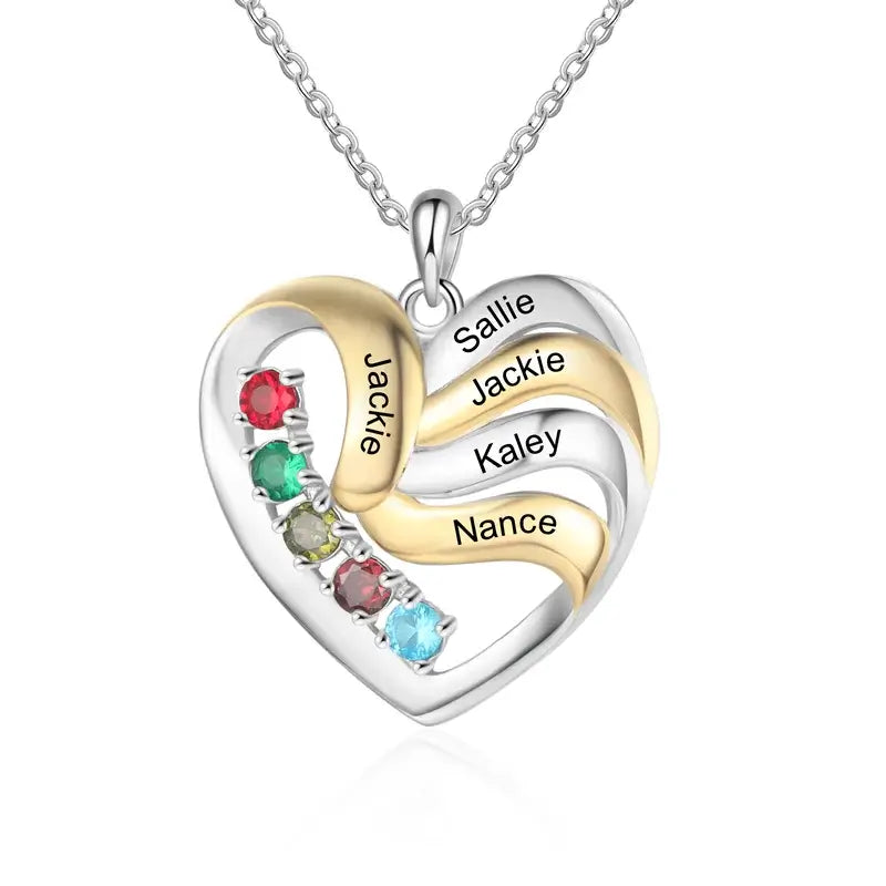 Personalised Heart Necklace with Children's Names, Mum Necklace with Names, Family Necklace for Mum with Birthstones