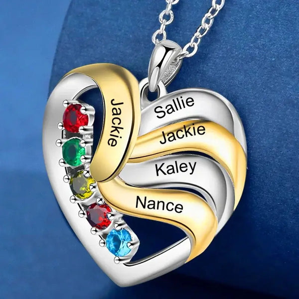 Personalised Heart Necklace with Children's Names, Mum Necklace with Names, Family Necklace for Mum with Birthstones