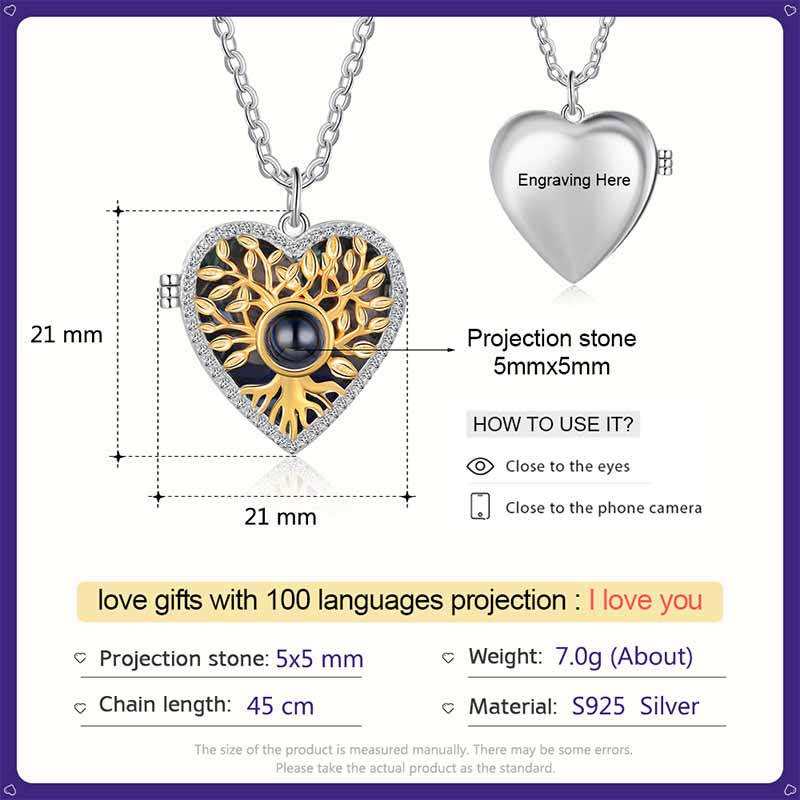 Personalised I Love You in 100 Languages Photo Projection Necklace with Engraving