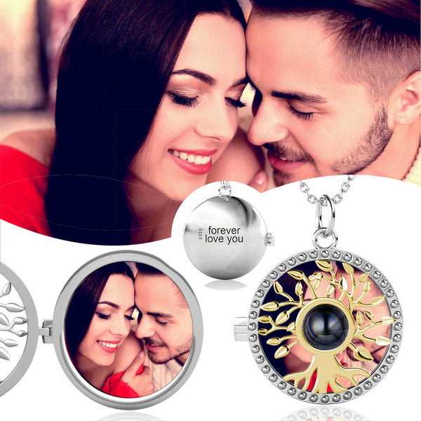 Personalised I Love You in 100 Languages Round Photo Projection Necklace with Engraving